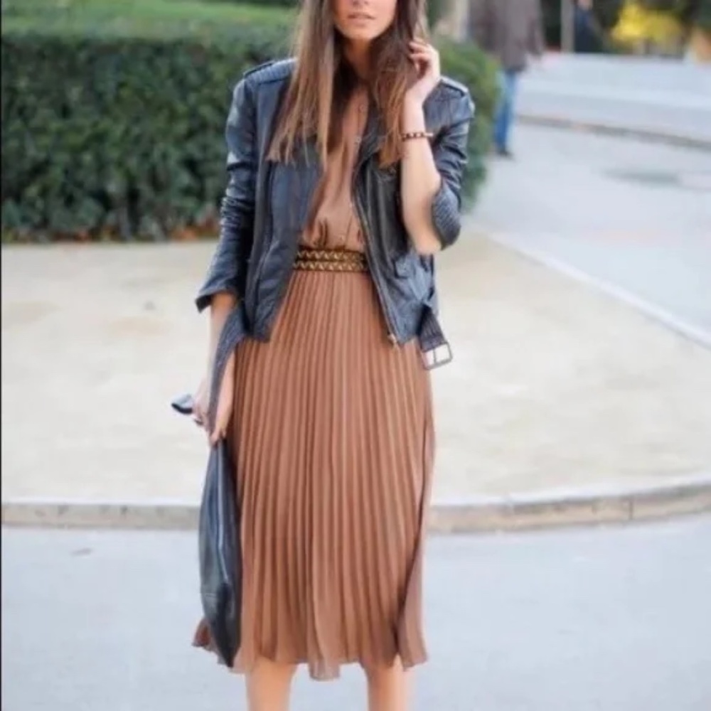 Camel Vegan leather Accordion Pleated Midi Skirt - Picture 1 of 4